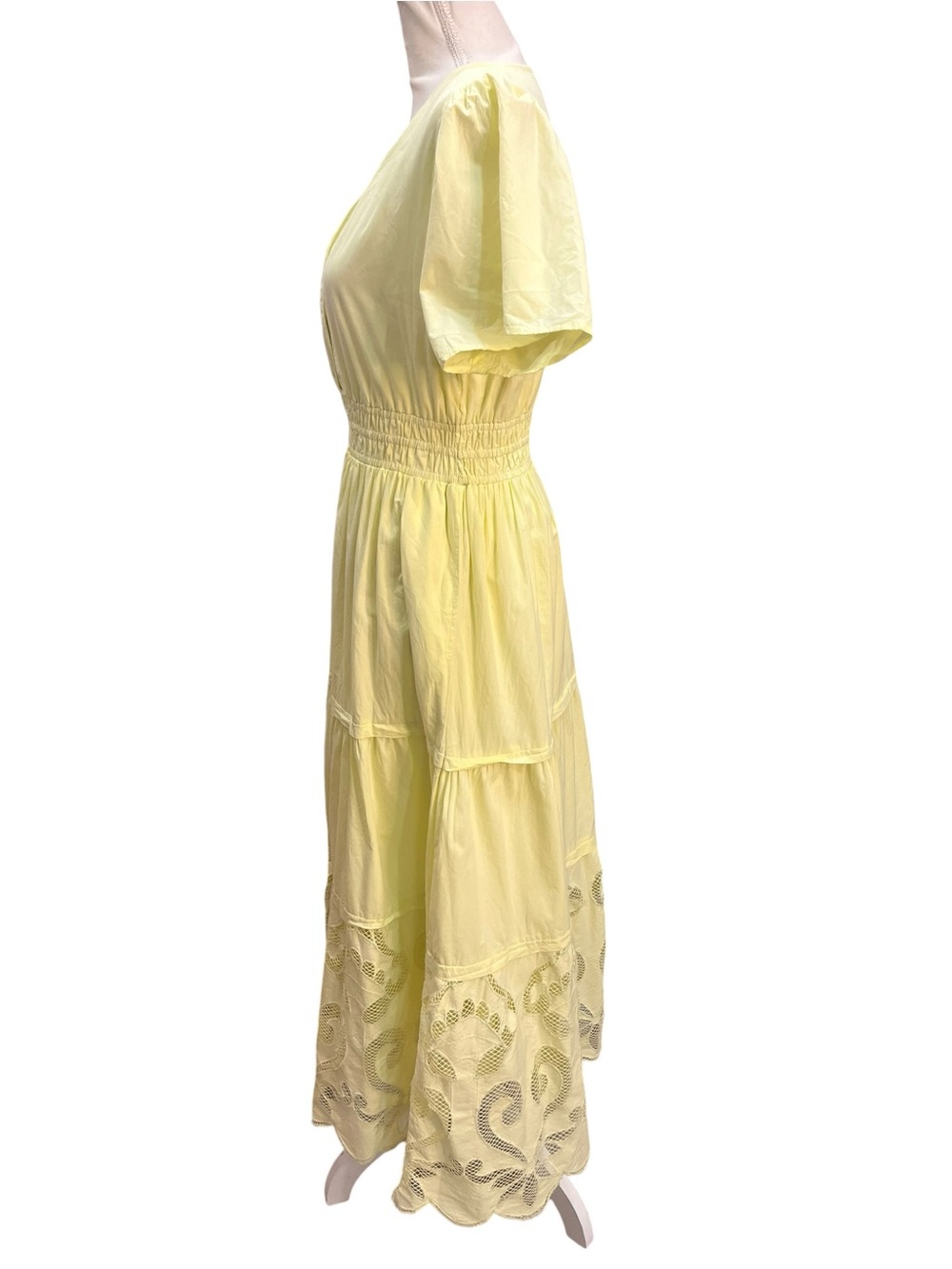 Haute Hippie Style Yellow Cotton Midi Dress Eyelet Hem Smocked Waist M - Picture 9 of 14